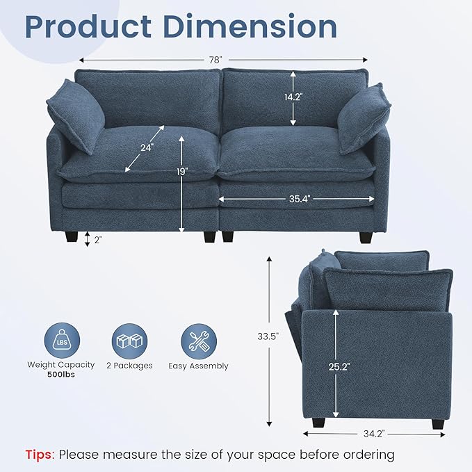 ROWHY Modular Loveseat Sectional Sofa, 78" Upholstered Loveseat, 2 Deep Seat Sofa Couch with 2 Throw Pillows for Small Space, Modern Comfy Cloud Couch for Living Room, Chenille, Royal Blue