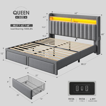 EnHomee Queen Bed Frame with 2 Storage Drawers, Upholstered Platform Bed with LED Lights and Charging Station, Sturdy Wooden Slats Support, No Box Spring Needed, Noise Free, Grey