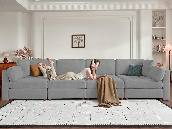 CUGOAO 159'' Modular Sectional Sofa, Oversized L-Shaped Sectional Couch, Deep Seat Chenille Cloud Couch, Removable Cover, Mordern Upholstered Couches for Living Room, Apartment, Office, Grey