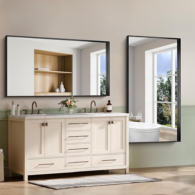 CIRCUMI Black Bathroom Mirror, Brushed Finish, Tempered Glass, Large Mirror