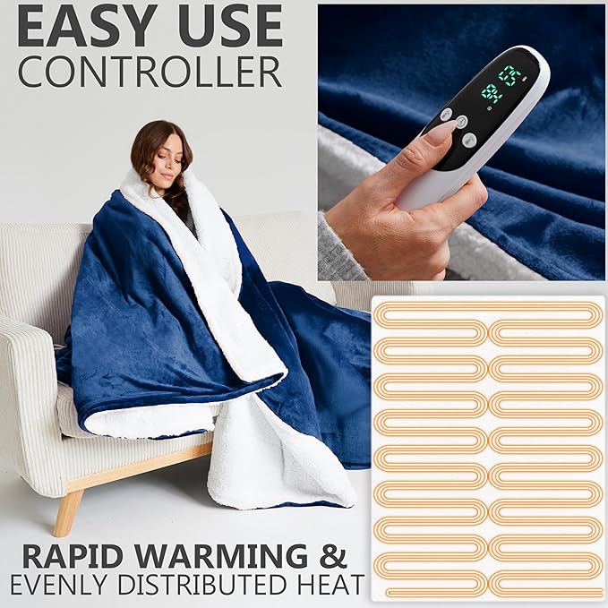 Heated Blanket Electric Luxurious Fleece Queen Blanket, 9 Heat Settings & 12H