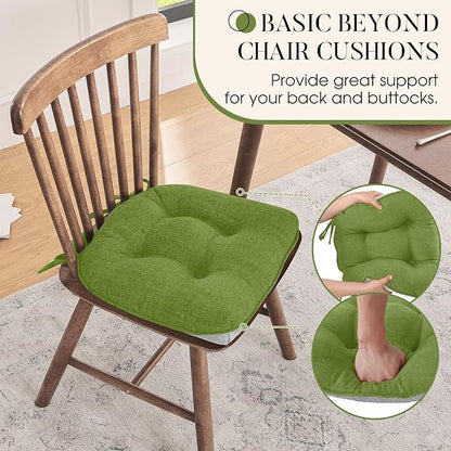 Basic Beyond Chair Cushions for Dining Chairs 4 Pack, Chair Cushion with Ties and Non Slip Backing, 15.5 x 15.5 inches Tufted Chair Pads for Dining Chairs(Grass Green)