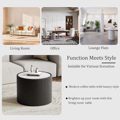 Black Round Coffee Table with Sintered Stone Tabletop, 17.71" Drum Coffee Table with Fluted PU Leather Covered and Stable Base, Circle Cocktail Tea Table for Living Room