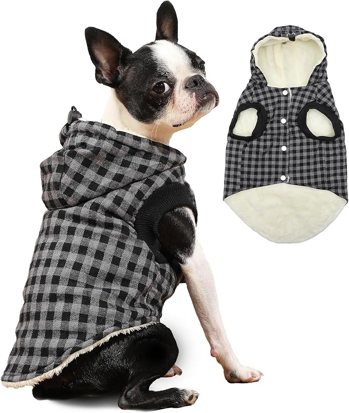 Fleece Lining Dog Hoodie for Small Dogs Extra Warm Plaid Sweater with Drawstring Hooded Coats in Winter Puppy Jacket,Black M