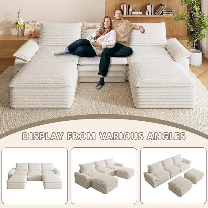 111" Cloud Sectional Couch with U-Shaped Chaise, Corduroy Sectional Sofa with Ottoman, Boneless Couch with Deep Seat in a Box for Living Room, No Assembly Required (White)