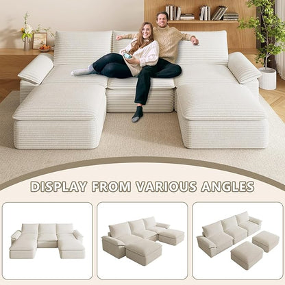 111" Cloud Sectional Couch with U-Shaped Chaise, Corduroy Sectional Sofa with Ottoman, Boneless Couch with Deep Seat in a Box for Living Room, No Assembly Required (White)