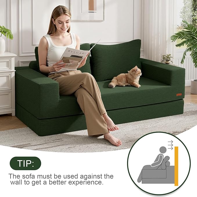 COMAX Convertible Sofa Bed Queen, Corduroy Folding Floor Couch Pull Out Couch Bed Futon Sleeper with Pillows, Fold Out Boneless Sofa Comfy Lounge Mattress Loveseat for Living Room Bedroom, Green