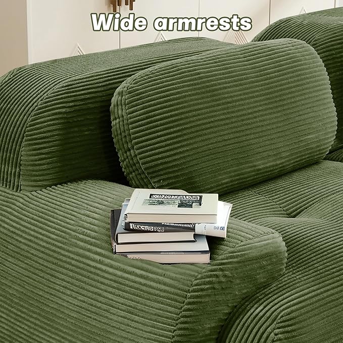 152" Modern Compressed Boneless Couch with Ottoman, 4 Seater Large L Shaped Sectional Couches for Living Room, Green Corduroy Cloud Modular Sectional Sofa, Memory Foam, Extra Deep, No Assembly