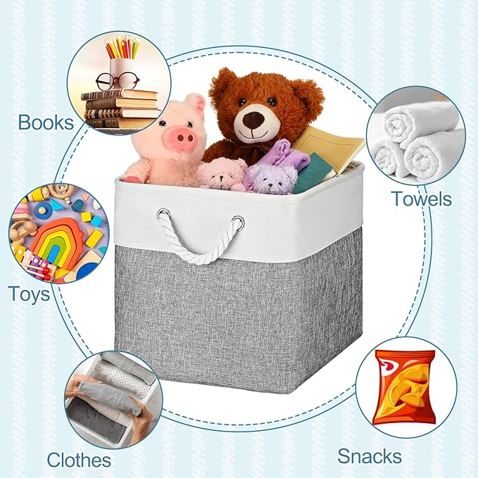 meekoo 8 Pack Collapsible Storage Bins Fabric Storage Bins Polyester Fabric Baskets with Handles Linen Closet Organizer for Shelf Home Closet Towels Toys(12 x 12 x 12 in,Gray White)