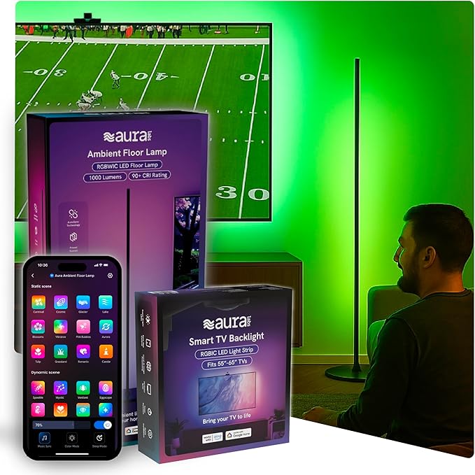 Aura TV LED Backlight + Aura LED Floor Lamp for 55 to 65 inch TV Immersion KIT - TV Backlight Sync to Screen Kit for Surround Lighting