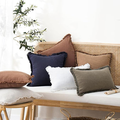 Foindtower Set of 2 Decorative Linen Fringe Throw Pillow Covers Cozy Boho Farmhouse Cushion Cover with Tassels Soft Accent Pillowcase for Couch Sofa Bed Living Room Home Decor, 26×26 Inch, Khaki Brown