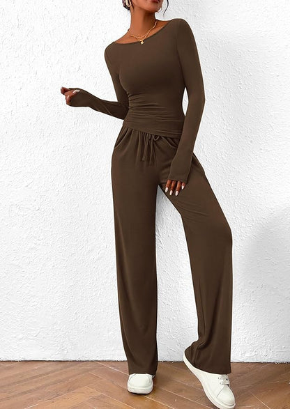 PRETTYGARDEN Women's 2 Piece Lounge Sets Asymmetrical Long Sleeve T Shirt Wide Leg Pants Casual Outfits Tracksuit