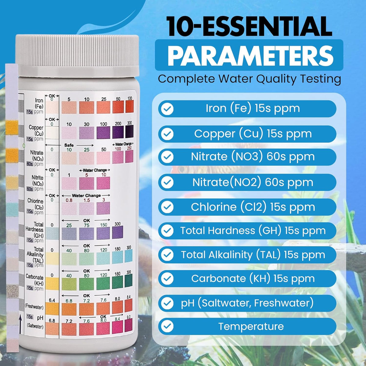 10 in 1 - Aquarium Test Strips | 100 Fast & Accurate Strips | Fish Tank Aquariums Water Test Kit & ebook | Aquarium Thermometer | Fish Tank Water Testing Kit for Fresh & Saltwater | Versatile Usage
