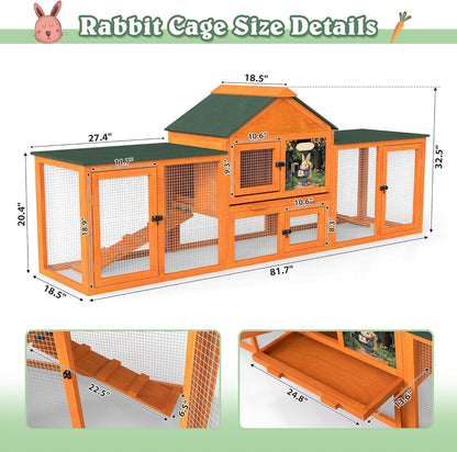 COZIWOW 82” Extra Large Fashion Wooden Outdoor Rabbit Hutch Bunny Cage Indoor Easy to Assemble and Durable with Cleaning Tray & Waterproof Roof for Small & Medium Bunny Rabbit Duck Chick (Orange)