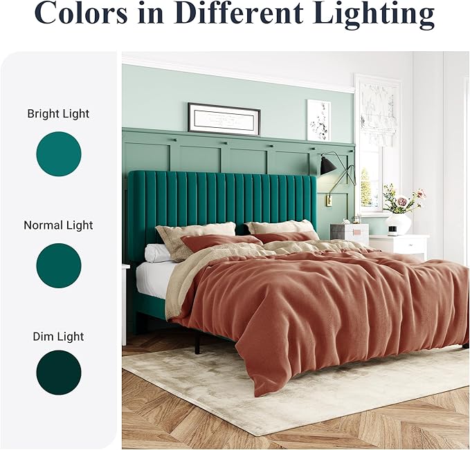 Allewie Queen Bed Frame, Velvet Upholstered Platform Bed with Adjustable Vertical Channel Tufted Headboard, Mattress Foundation with Strong Wooden Slats, Box Spring Optional, Easy Assembly, Teal