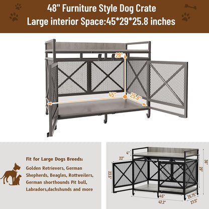 COZPAW Large Dog Crate Furniture, 48 Inch Wooden Dog Kennel for XLarge Dogs, Heavy Duty Dogs Furniture Indoor Wire Dog Cage with Caster Wheels,Decorative Pet House End Table, Textured Gray