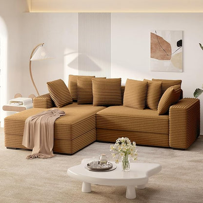 111'' Modern Sectional Cloud Sofa with Chaise, Extra Large Sleeper Couches Corduroy with 8pcs Pillows for Living Room, Bedroom