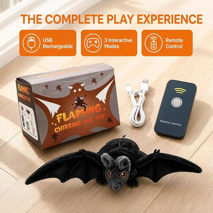 Interactive Flying Bat Dog Toy, Flapping Wings Cute Bat for Indoor Cats & Dogs, Automatic Flapping Wings with Chirping Sounds, Touch Activated, Rechargeable for Solo Play，Manual Switch