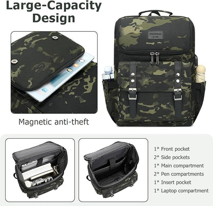 YALUNDISI Vintage Backpack Travel Laptop Backpack with usb Charging Port for Women & Men College Backpack Fits 15.6 Inch Laptop Camouflage Green