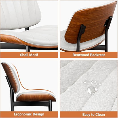 YaFiti Dining Chairs Set of 8, Dining Room and Kitchen Chairs, FSC Certified Mid Century Modern Accent Chair, Upholstered PU Leather Chairs for Vanity with Walnut Bentwood and Metal Legs, White