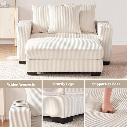 58.3" Oversized Chaise Lounge Indoor for Living Room, Solid Wood Comfy Sleeper Reclining Sofa with Thickened Cushions Widened Armrests for Bedroom, Deep Seat Lounge Sofa with Ottoman, Beige