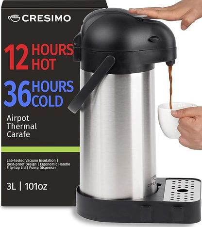 Airpot Coffee Dispenser with Pump & Tray - 102oz/3L Coffee Carafe with Pump -