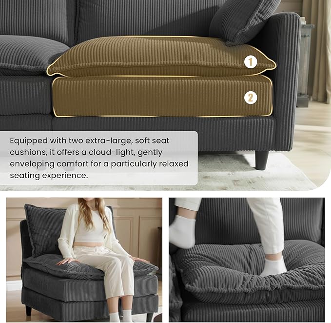 Apicizon 143" Cloud Couch Sectional, 4-Seat Deep Sofa Couch with Ottoman, Modern U Shape Sectional Cloud Sofa Corduroy for Living Room, Apartment, Office, Grey
