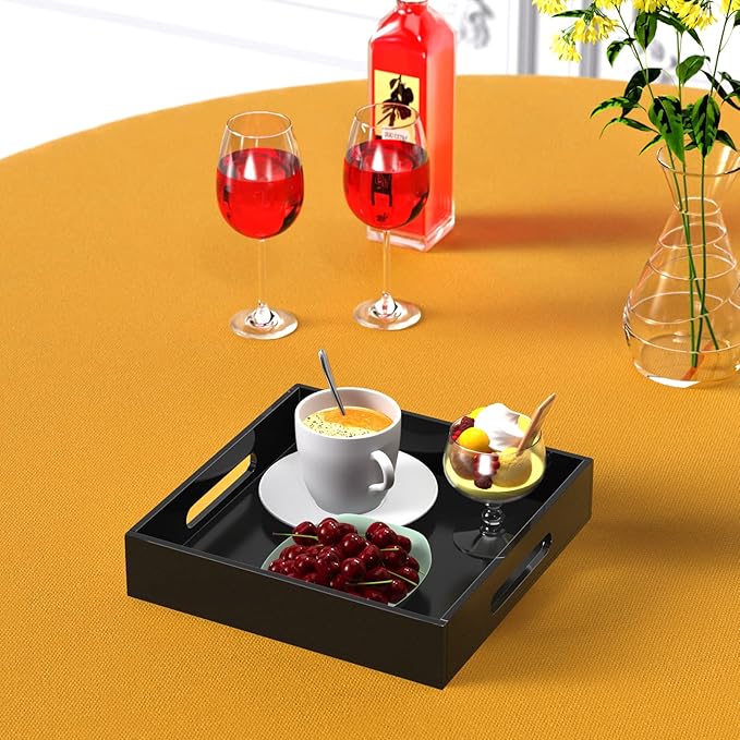 Acrylic Serving Tray with Handles-12x12x2.36Inch-Decorative Tray Letter Tray Organizer for Ottoman Coffee Table Countertop, Black