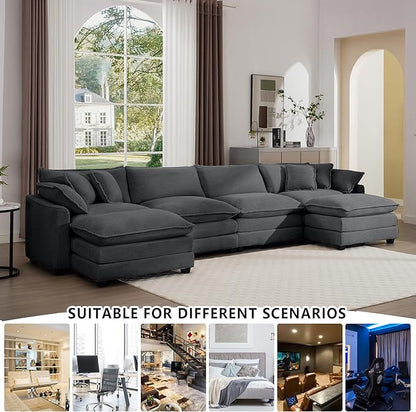 Aoowow Corduroy 4 Seater Couch with Ottomans,Modern Large Cloud Couches for Living Room,U Shaped Modular Sectional Cloud Sofas Deep Seat,U Shape Oversized Tufted Sofa Set (Grey, 4 Seater + 2 Ottoman)
