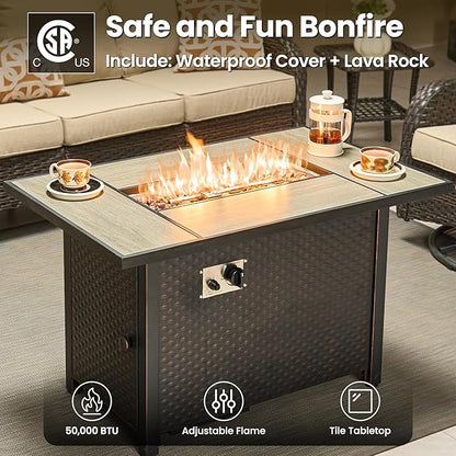 ovios 5 Pieces Patio Furniture Set, Outdoor Wicker Sofa Couch with Swivel Chairs 42" Fire Pit Table, High Back Modern All Weather Conversation Sets, Brown Rattan, Beige