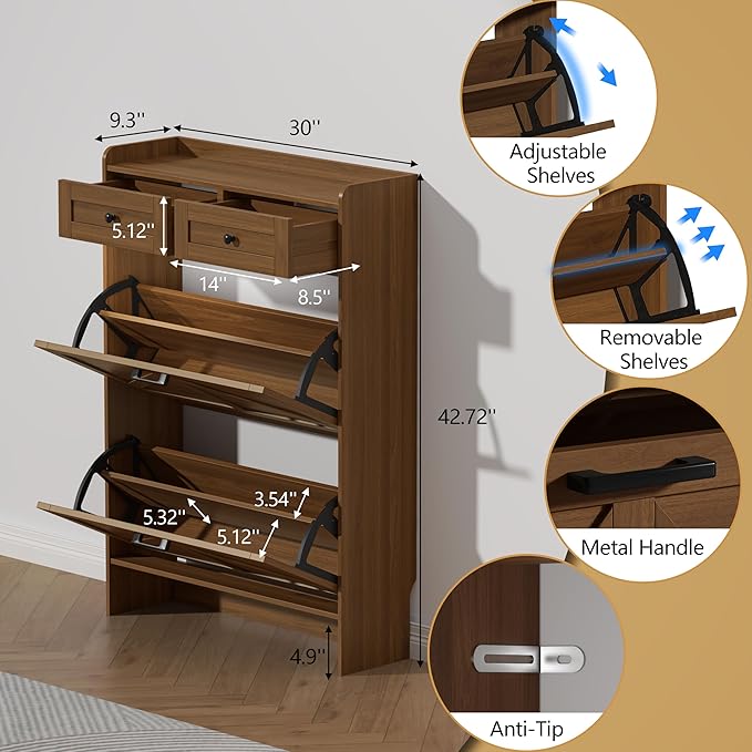 Shoe Cabinet with 2 Flip Drawers & 2 Storage Drawers, Rustic Farmhouse Narrow
