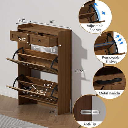 Shoe Cabinet with 2 Flip Drawers & 2 Storage Drawers, Rustic Farmhouse Narrow
