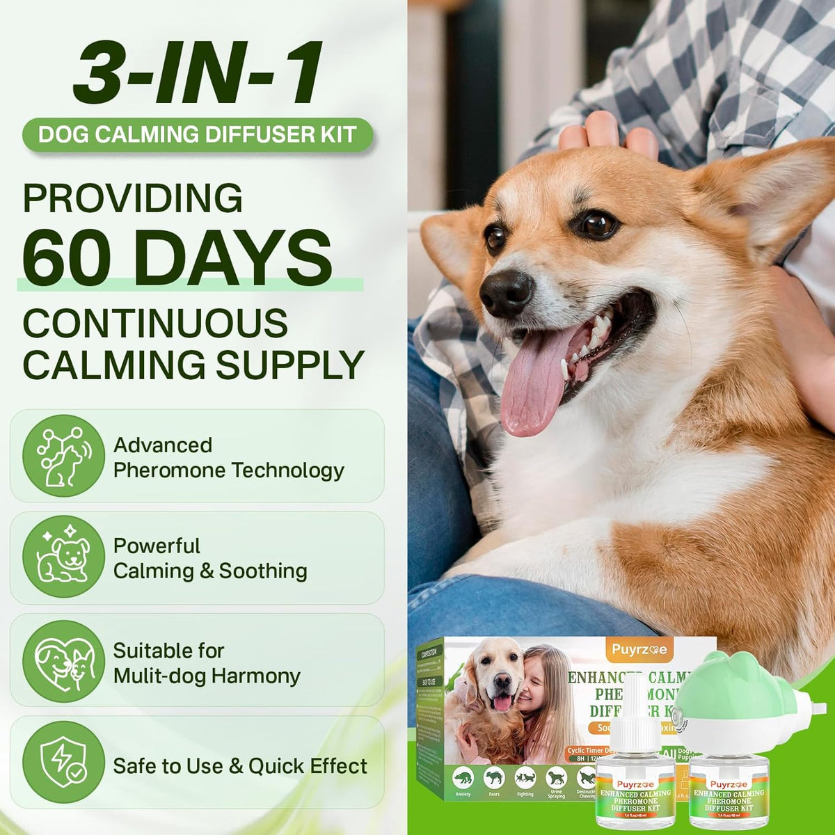 Dog Calming Diffuser with 3 Timing Functions, 3-in-1 Dog Anxiety Relief Diffuser Kit, 120-Day Anxiety Relief, Stress Relaxation Pheromones Calming for All Dogs (1 Diffusers + 2 Refills)