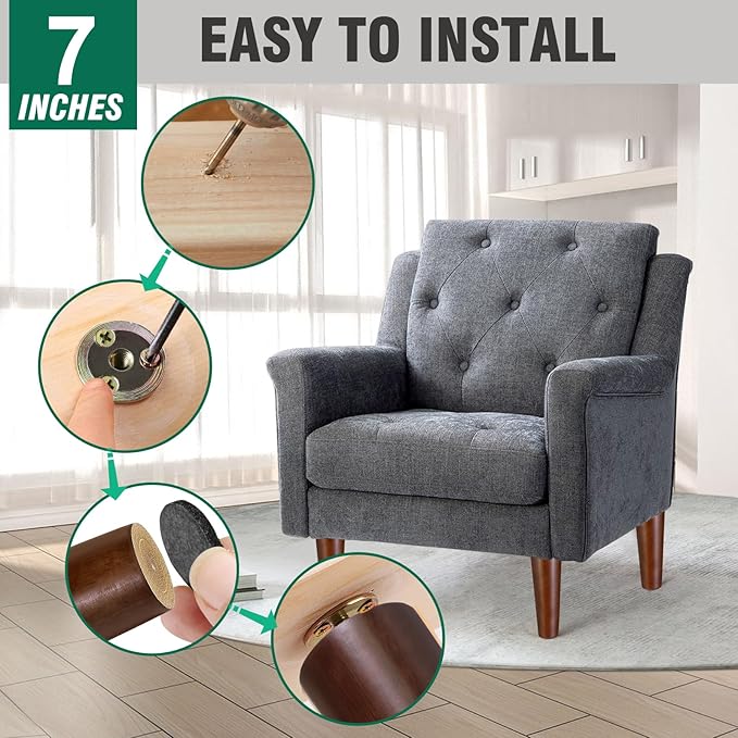 FoDau770 Brown Rubber Wood Furniture Legs 7 Inches, Straight Tapered Wood Feet Mid Century Sofa Legs Set of 4, 5/16" UNC Furniture Feet Replacement Parts for Cabinet Couch Dresser Chair Ottoman Table
