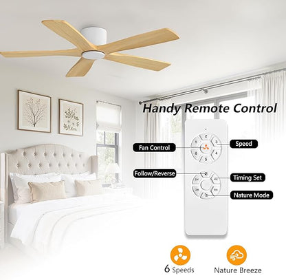 WINGBO 54" Flush Mount DC Ceiling Fans Without Lights, 5 Carved Solid Wood