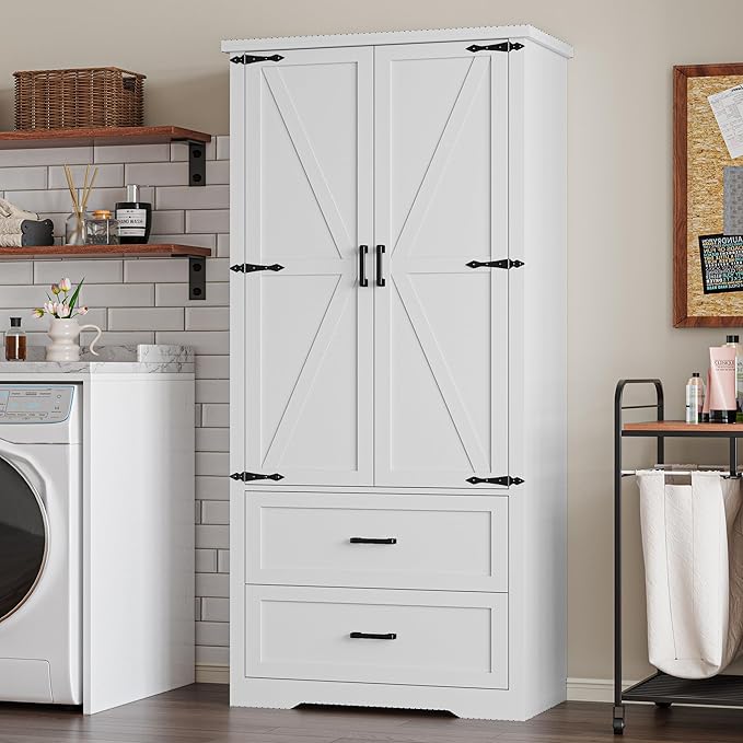 Pantry Organizers and Storage Cabinet, 71” Barn Door White Kitchen Cabinet