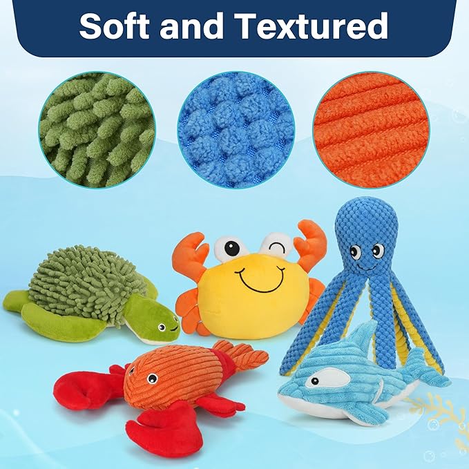 Prime Pets Dog Toys, 5 Pack, Plush Dog Squeaky Toys, Assortment Bundle Ocean Animal Pet Toy for Small Medium Large Dogs, Stuffed Puppy Chew Toy, Doggy Birthday Gift