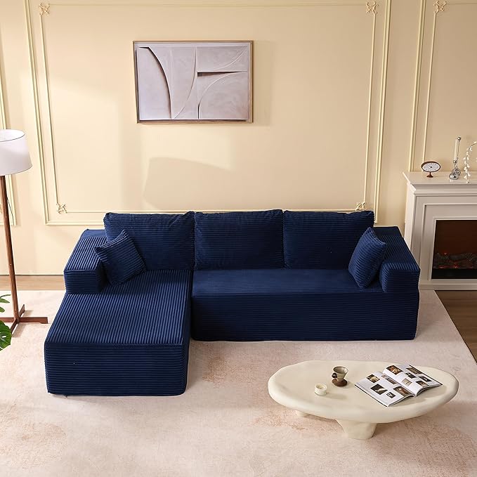 107" Boneless Couch with Deep Seat, Modular Sectional Sofa, Cloud Sectional Couch for Living Room, No Assembly Required, Corduroy, L-Shape Left?Blue