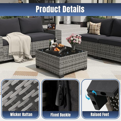 Aoxun 13 Pieces Patio Furniture Set with 44” Fire Pit Table Wicker Rattan Outdoor Sectional Conversation Set with Coffee Table and 4” Thickened Cushions, Gray/Black(Waterproof Cover Included)