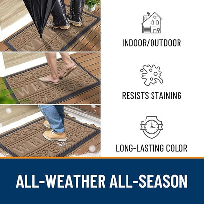 OLANLY Welcome Door Mat Indoor Outdoor Entrance, Heavy Duty Sturdy Front Door Mat, Waterproof All-Weather Doormat, Stain Resistant, Low Profile, Easy Clean Patio Entryway Mat, 29.5 x 17, Light Brown