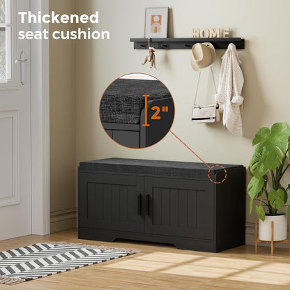 2-Tier Storage Bench, Shoe Bench with Thickened Padded Seat Cushion, Entryway Bench with 2 Doors, Adjustable Shelf, 13.8" D x 37.4" W x 18.5" H, for Entryway, Living Room, Bedroom, Black