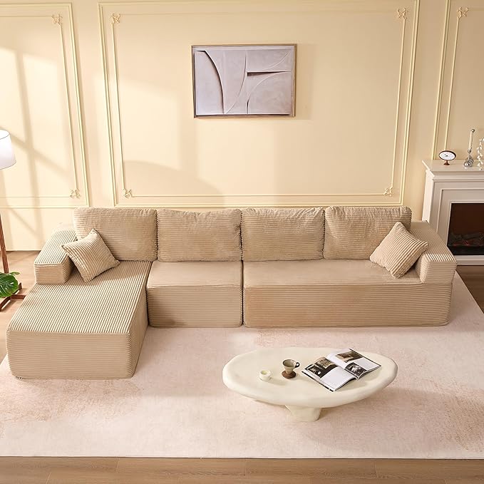 138" Boneless Couch with Deep Seat, Modular Sectional Sofa, Cloud Sectional Couch for Living Room, No Assembly Required, Corduroy, 4 Seater L-Shape Left, Camel