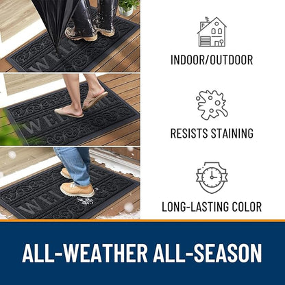 OLANLY Welcome Door Mat Indoor Outdoor Entrance, Heavy Duty Sturdy Front Door Mat, Waterproof All-Weather Doormat, Stain Resistant, Low Profile, Easy Clean Patio Entryway Mat, 59 x 35, Black