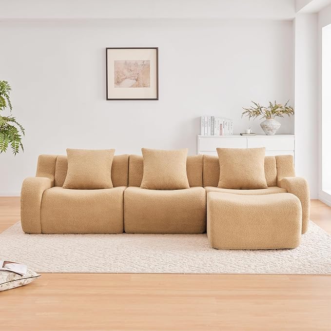 Camel L-Shaped Cloud Couch with 1 Ottoman, Modern Teddy Fabric Boneless Sectional Sofa in a Box, Modular Floor Sofa for Living Room, Deep Seat, No Assembly Required, Sofas para Sala
