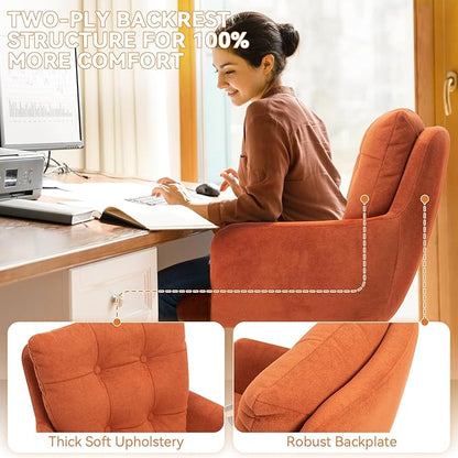 BALIAA Flannel Office Chair, Comfy Home Office Desk Chairs with Lumbar Support, Modern Velvet Desk Chair Gold Legs Small Swivel Task Chair for Home Office, Bedroom, Study (Orange, L)