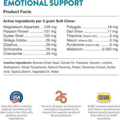 NaturVet Emotional Support Daily Calming Aid Dog Supplement - Helps Promote 24/7 Normal, Calm Behavior - for Dog Stress, Nervousness, Separation, Unwanted Behavior - 120ct Soft Chews