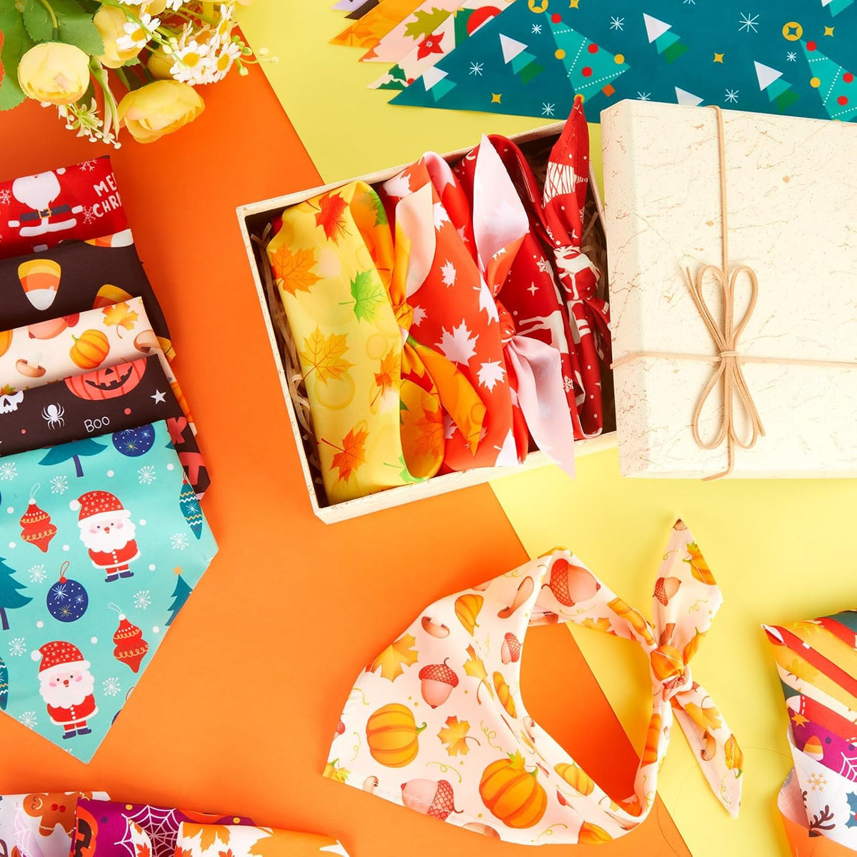Chunful 30 Pcs Holiday Dog Bandanas Bulk for Fall Thanksgiving Halloween Christmas with Maple Leaves Pumpkin Ghost Snowman Seasonal Triangle Pet Scarf for Small Medium Large 25.6 x 17.7 x 17.7 in