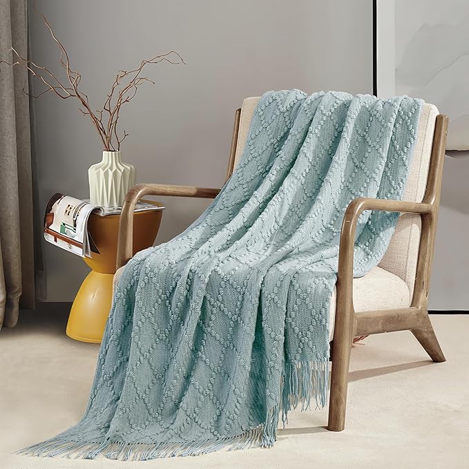 BOURINA Aqua Throw Blanket 50 x70 Inches Jacquard Argyle Throw Textured Solid Soft Throws and Blankets for Sofa or Bed Knitted Decorative Blanket