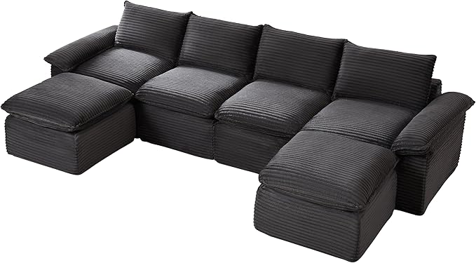 141.74" Sectional Couches for Living Room Modern Modular Sofa with U-Shape Couchs Upholstered Corduroy Boneless Couch Deep Seat Cloud Couch with Ottoman, No Assembly Required, Dark Gray
