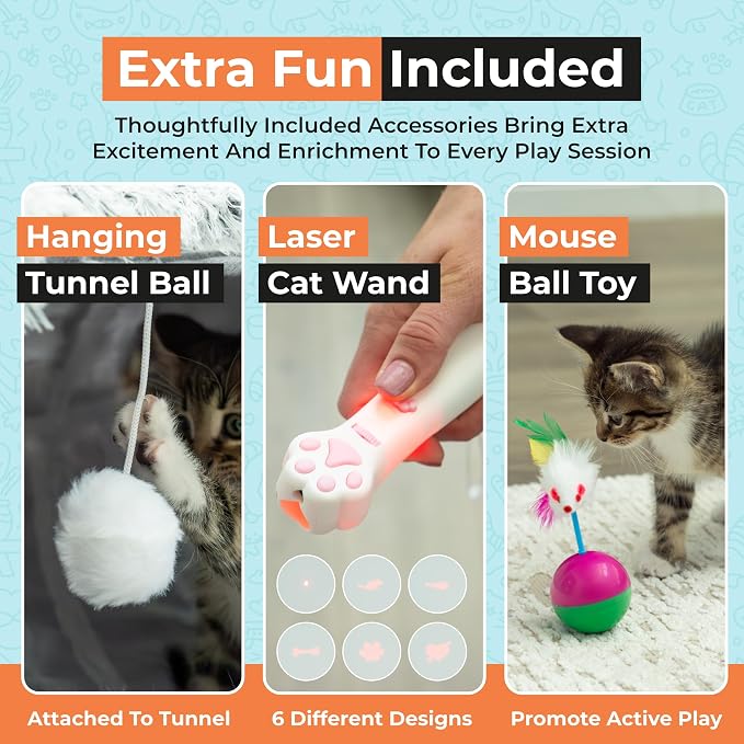 WiskaDen XL Plush Cat Tunnel Bed with Toy and Elderly Feline Access. 3-in-1 Light Grey Fluffy Donut Cushion. Circle Tube for Indoor Cats Leisure, Hiding Spot, Dog Bed, or Rabbit Cave